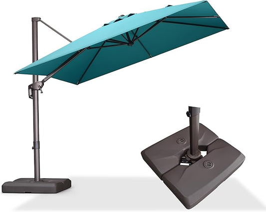 PURPLE LEAF 9' X 9' Patio Umbrella With Base Square Cantilever Umbrella Outdoor with 360° Rotation and Aluminum Offset Hanging for Pool Deck Garden Backyard, Turquoise