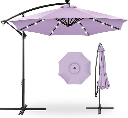 Best Choice Products 10ft Solar LED Offset Hanging Market Patio Umbrella for Backyard, Poolside, Lawn and Garden w/Easy Tilt Adjustment, Polyester Shade, 8 Ribs - Lavender