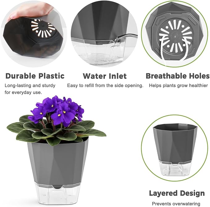5 Pack Self Watering Pots for Indoor Plants, 5/6.7/8.4 in Self Watering Planters African Violet Self Watering Clear Pots for Plants Herb Orchid Flower Houseplant Pots, Dark Grey