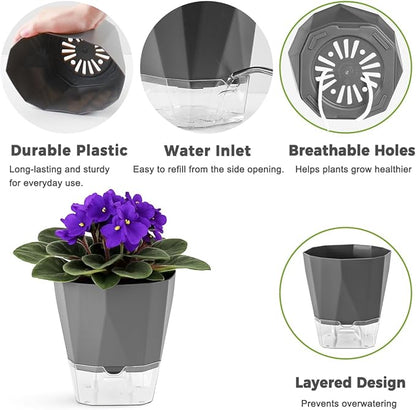 5 Pack Self Watering Pots for Indoor Plants, 5/6.7/8.4 in Self Watering Planters African Violet Self Watering Clear Pots for Plants Herb Orchid Flower Houseplant Pots, Dark Grey