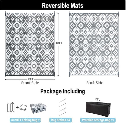 HUGEAR Outdoor Plastic Straw Rug, Waterproof Outdoor Rugs for Patios Clearance, Reversible Area Rug, Large Outside Carpet for Camping, Balcony, RV, Deck, 8x10ft Geometric/Gray&White