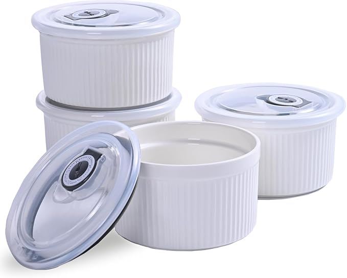 14 oz Ceramic Ramekins with Lids, Set of 4 Oven Safe Porcelain Creme Brulee Ramekins for Baking, Souffle, Pudding, Dessert, Dip, Leftovers & Food Storage, (White)