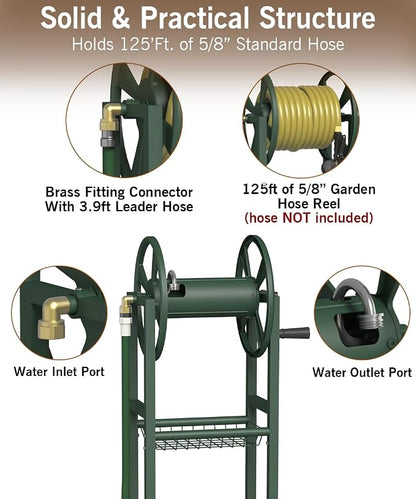 Garbuildman Ground Mount Garden Hose Reel Holds 125 Feet of 5/8-Inch with 3.9 ft Leader Hose, Brass Fitting, Water Hose Holder Stand with Storage Rack & 4 Spikes Base for Outdoor Lawn, Green