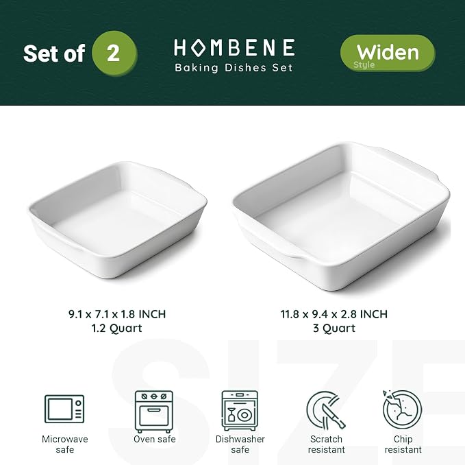 HOMBENE Casserole Dish Set for 2,Ceramic Baking Pan, Ceramic Baking Dish, Bakeware for Baking, Kitchen Decor, Microwave Oven Safe,Kitchen Decor (1.2QT/3QT)