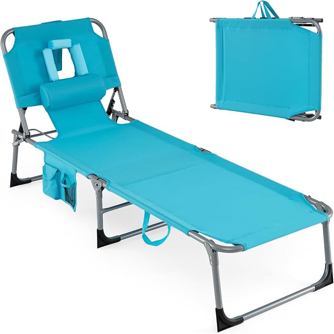 Goplus Tanning Chair, Folding Adjustable Patio Lounge Chair with Face Hole, Removable Pillow, 330LBS, Carry Strap, Outdoor Sunbathing Chair, Lightweight Portable Beach Lounge Chair, No Assembly