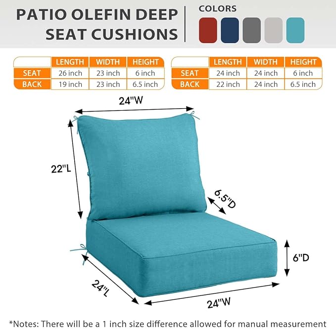 Sundale Outdoor Olefin Deep Seat Cushion Set of 2, Patio Chair Cushion and Pillow, Water-Resistant Sectional Sofa Pad with Straps Teal, 24 x 24 x 6 Inches