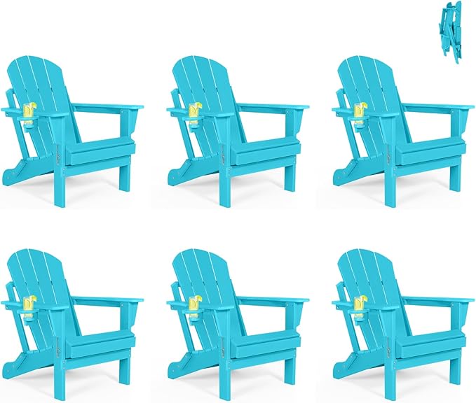 Folding Adirondack Chairs Set of 6- Plastic Adirondack Chairs with Cup Holder, Weather Resistant for Outdoor, Patio, Lawn, Garden, Backyard Deck, Fire Pit - Turquoise