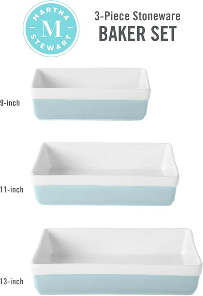 MARTHA STEWART 3-Piece Oven to Table Stoneware Bakeware Set – Baking Dish & Casserole Set – Dusty Blue – Durable Oven-Safe Bakeware for Baking and Serving