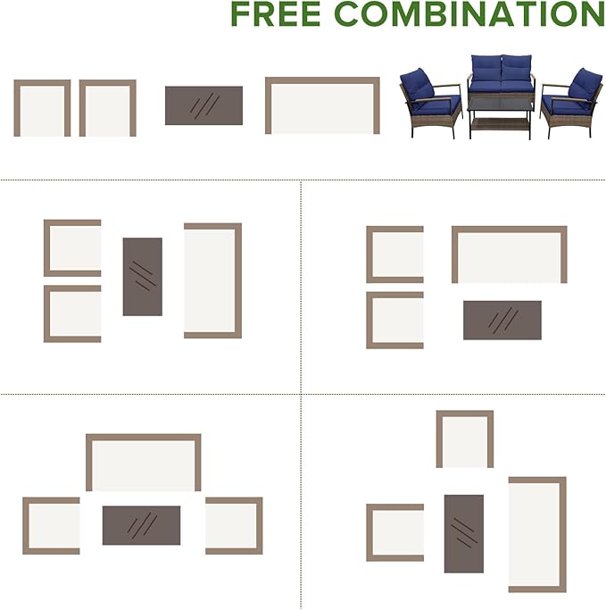 EAGLE PEAK 4 Piece Mojave Dusk Outdoor Conversation Set, Patio Wicker Furniture, Loveseat, 2 Patio Chairs and Coffee Table, Brown/Blue