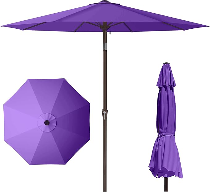 PatioKingdom 11FT Patio Umbrella,Outdoor Umbrella with Push Button Tilt and Crank,Market Table Umbrella with 8 Sturdy Fiberglass Ribs UV Protection(Dark Purple, 11FT)