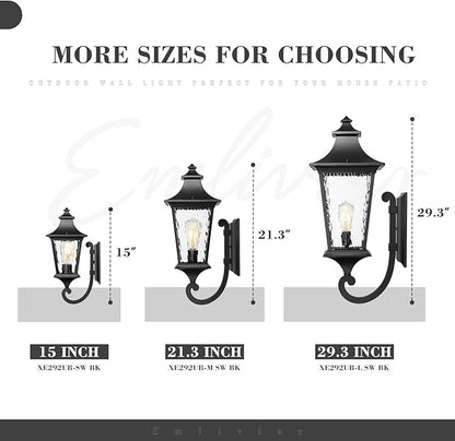 Emliviar 21.1 Inch Farmhouse Outdoor Wall Sconce,1 Light Exterior Wall Lighting in Black Finish Frame, Water Ripple Glass Shade, XE292UB-M SW BK