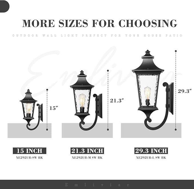 Emliviar Outdoor Light Fixture Wall Mount, 15 Inch 1-Light Exterior Wall Sconce Light with Water Ripple Glass, Black Finish, XE292UB-SW BK