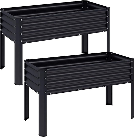 2Pcs Galvanized Raised Garden Bed with Legs, 48×24×32in Large Metal Elevated Raised Planter Box with Drainage Holes for Backyard, Patio, Balcony, 400lb Capacity,Black