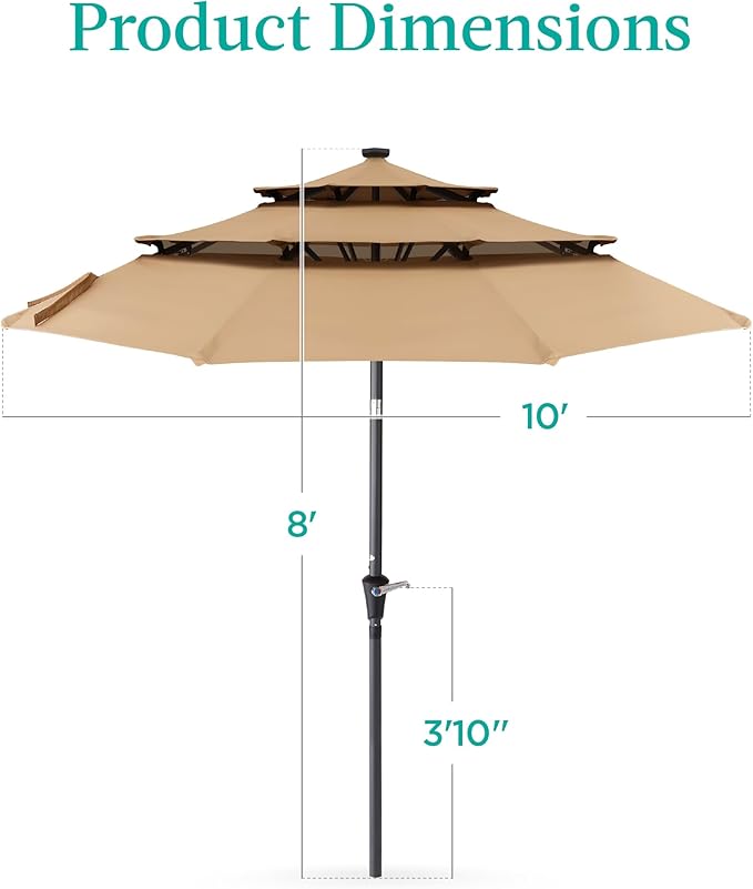 Best Choice Products 10ft 3-Tier Solar Patio Umbrella, Outdoor Market Sun Shade for Backyard, Deck, Poolside w/ 24 LED Lights, Tilt Adjustment, Easy Crank, 8 Ribs - Tan