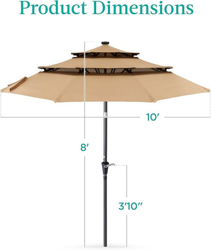 Best Choice Products 10ft 3-Tier Solar Patio Umbrella, Outdoor Market Sun Shade for Backyard, Deck, Poolside w/ 24 LED Lights, Tilt Adjustment, Easy Crank, 8 Ribs - Tan
