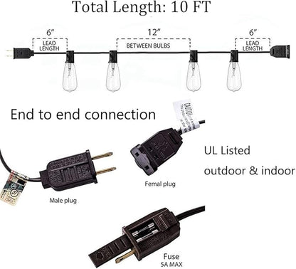 GOOTHY 10Ft Outdoor String Lights with 11 Clear Edison Bulbs (1 Spare) - C9/E17 Base Vintage Patio String Lights - UL Listed for Backyard Wedding Garden Decor - Brown
