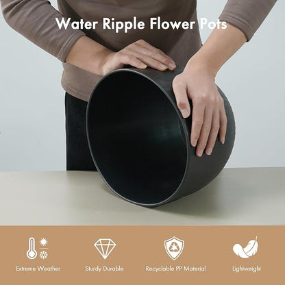 WSMKSZ 12 Inch Large Plant Pots for Indoor or Outdoor Plants, Wide Water Ripples Flower Pots with Drainage Holes & Saucer, Plastic Planters Set for Garden & Home Decor (Black)