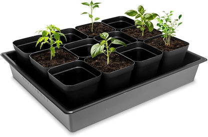 Seed Starter Tray, 10 Packs Plant Tray, Durable Plastic Growing Trays, Stackable Seedling Starter Trays Perfect for Indoor, Outdoor, Greenhouses, 16.5" L x 13.2" W x 2.8" H - Black