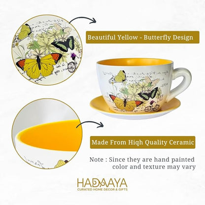 7.5” Round Ceramic Teacup Shape Planter Pot with Saucer for Succulents Orchid Herbs Cactus Indoor Houseplants Flowers for Home Garden and Event Decor Yellow Butterfly Garden