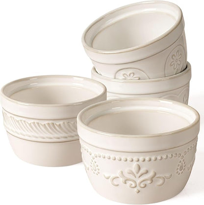 Artena Ramekins Oven Safe, Creme Brulee Ramekins, Embossed White Ceramic Ramiken, Souffle Pudding Custard Cups, Baking Dish, Dipping Bowls, Sauce Cups, Set Of 4 (8 oz, Multiple Patterns)