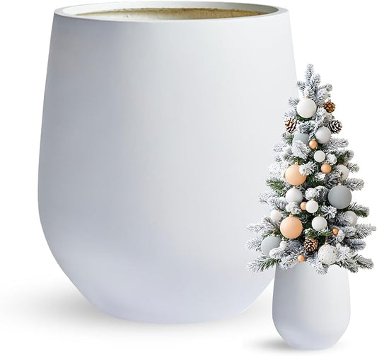 12.5"H x 11.4"D Corso Fiberstone Round Tapered Planter, Christmas Tree Planter, Smooth Finishes, Weather Resistant for Indoor & Outdoor Use, Included 2 Extra Coco Mats (White,9" Pot Opening)