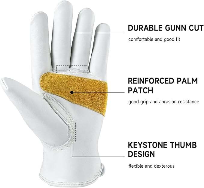 OZERO Leather Work Gloves for Men, Cowhide Gardening Gloves with Reinforced Palm, Flexible Keystone Thumb, Elastic Wrist