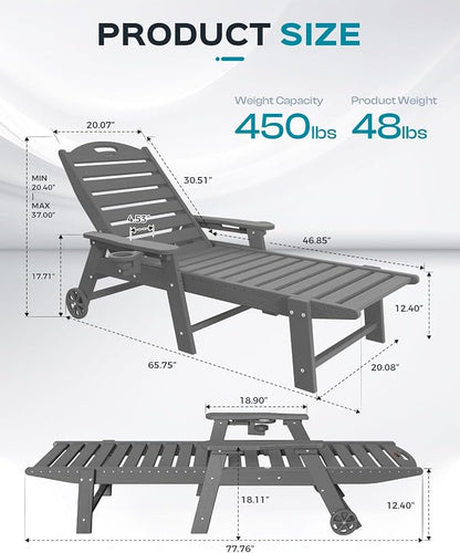 Ciokea Lounge Chair Outdoor, Oversized Chaise Lounge Chair with 5 Positions, HDPE, Patio Lounge Chair with Wheels & Cup Holder for Pool, Deck, Poolside, Dark Grey