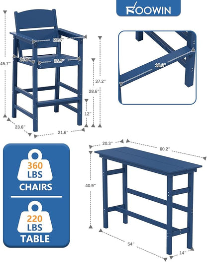 FOOWIN 3 Piece Outdoor Bar Height Table and Chairs, All Weather HDPE Patio Bar Set Outdoor Bistro Set,Adirondack Bar Chairs Set of 2 Outdoor Furniture for Bistro, Poolside, Backyard Navy Blue