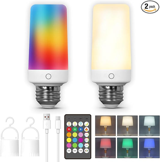 2PK Rechargeable Light Bulbs with Remote, Emergency Battery Operated Light Bulbs with Dual Recharging Ways, Tuned White 12 RGB Colors Optional Timer for Lamp Power Outages Camping Hurricane