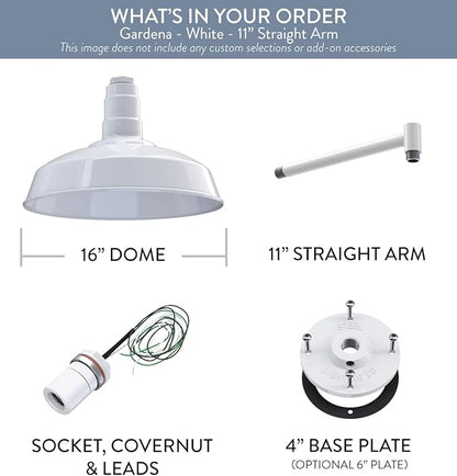 Steel Lighting Co. Gardena Barn Light | Outdoor Wall Mounted | 16" Dome | 11" Straight Arm | Farmhouse Light Made in America | White Exterior/White Interior