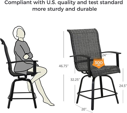 Grand patio 3 Piece Counter Height Patio Bar Set, Modern Round Bar Table and Swivel Bar Stools for Outdoor Kitchen Bistro Small Space Restaurant (Black&Grey Plaid, 3PC)