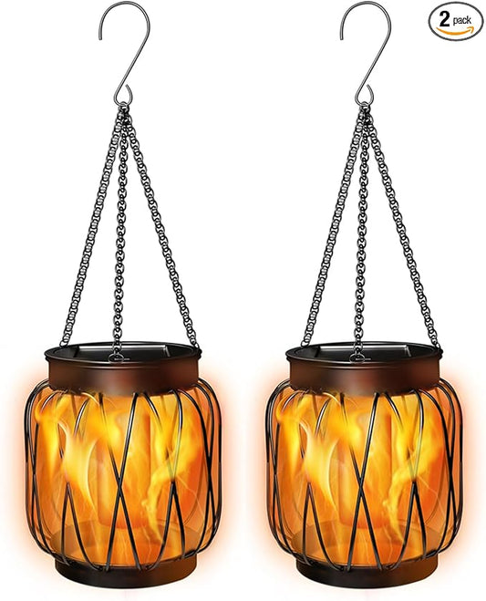 Solar Hanging Lantern Lights Outdoor Waterproof, 2 Pack Solar Flame Lantern with Hook, Metal Hanging Lanterns for Outside, Led Porch Lanterns for Patio Tree Camping Garden Decorative Lights