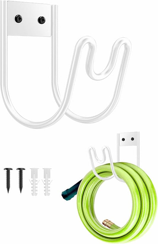 Metal Garden Hose Holder, Sturdy Wall Mounted Water Hose Hanger, Solid Hose Hook for Garden Garage Water Hose/Extension Cords/Vacuum Lines (White)