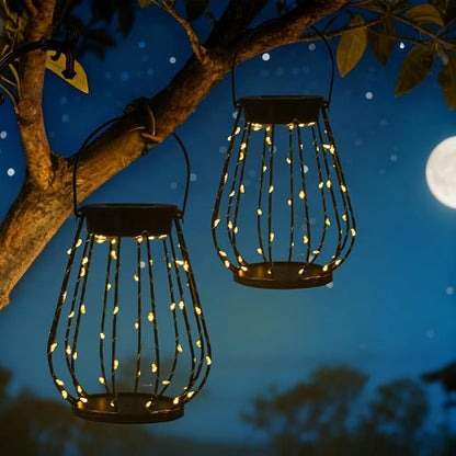 Solar Lanterns Outdoor Hanging, 2 Pack Metal Cage Lanterns with Warm White LED String Lights, Waterproof Solar Powered Decorative Lights for Patio, Garden, Porch, Balcony & Holiday Gifts