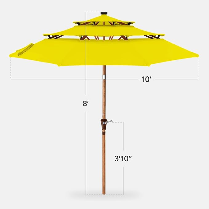 Best Choice Products 10ft 3-Tier Solar Patio Market Umbrella, Outdoor Sun Shade for Backyard, Deck, Poolside, Table w/Woodgrain Pattern, LED Lights, Tilt Adjustment - Yellow