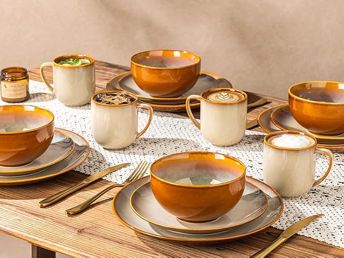 LERATIO Ceramic Dinnerware Sets for 4,16-Piece Reactive Glaze Plates and Bowls Set with Mugs,Highly Chip and Crack Resistant | Dishwasher,Microwave & Oven Safe Dishes set-Kahki