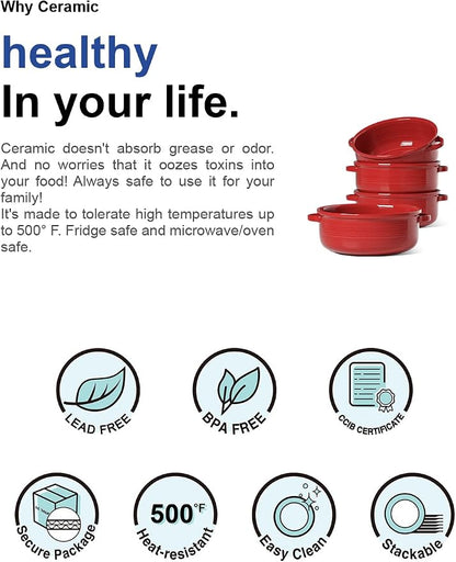 LE TAUCI Soup Bowls with Handles - 22 oz Lead-Free Ceramic French Onion Crocks, Oven and Microwave Safe, Heat-Resistant Design, Stackable, Dishwasher Safe, Set of 4, Red