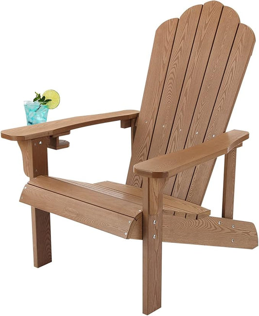 hOmeHua Adirondack Chair Weather Resistant, Hard Plastic Adirondack Chair with Cup Holder, Comfortable Easy to Assemble and Maintain,Outdoor Chair for Patio, Backyard Deck, Fire Pit - Wood Color