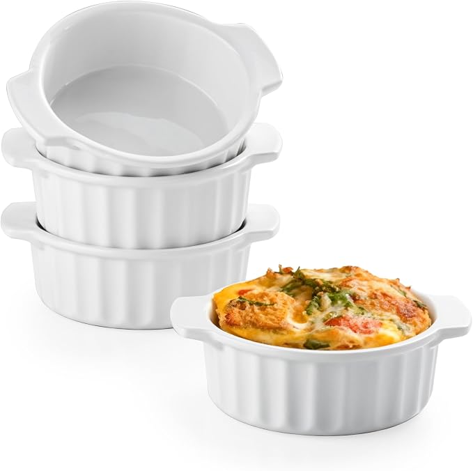 12 oz Ramekins Oven Safe, French Onion Soup Bowls with Handles, Ceramic Small Baking Dishes for Crème Brûlée, Soufflé, Pot Pie & Mini Casserole, Set of 4