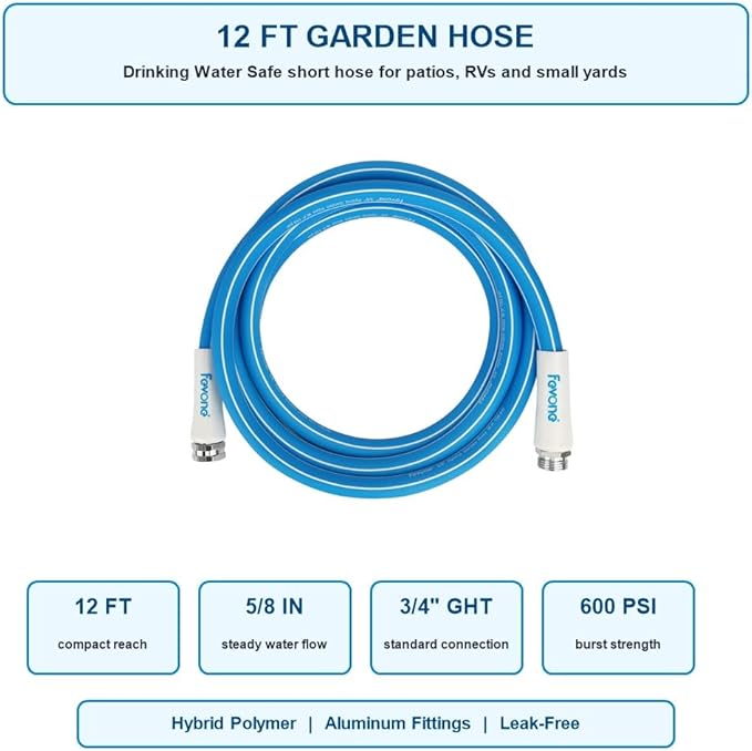FEVONE 12 ft x 5/8 in Garden Hose, Drinking Water Safe Flexible Water Hose, Short Lightweight Hybrid Polymer Hose, Kink-Resistant, 3/4 in Aluminum Fittings, Leak-Free, 600 PSI