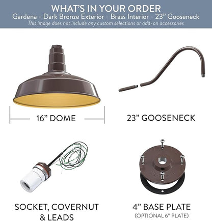 Steel Lighting Co. Gardena Barn Light | Outdoor Wall Mounted | 16" Dome | 23" Gooseneck | Farmhouse Light Made in America | Dark Bronze Exterior/Brass Interior