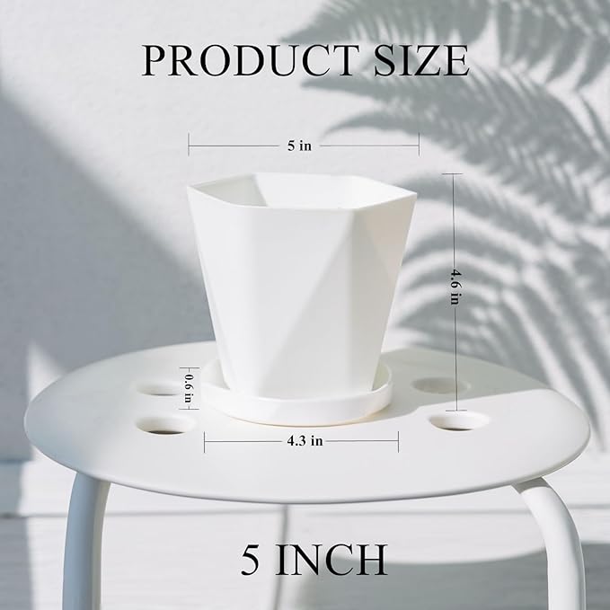InmeRun Plant Pots Indoor Plastic Flower Pots Outdoor 5 inch Set of 12 Pack with Drainage Holes and Saucers for Garden Pots (5 in 12 White)