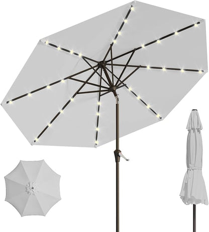 10FT Solar Umbrella 32 LED Lighted Patio Umbrella Table Market Umbrella w/Tilt and Crank, UV-Resistant Outdoor Umbrella for Pool, Garden, Deck, Light Gray