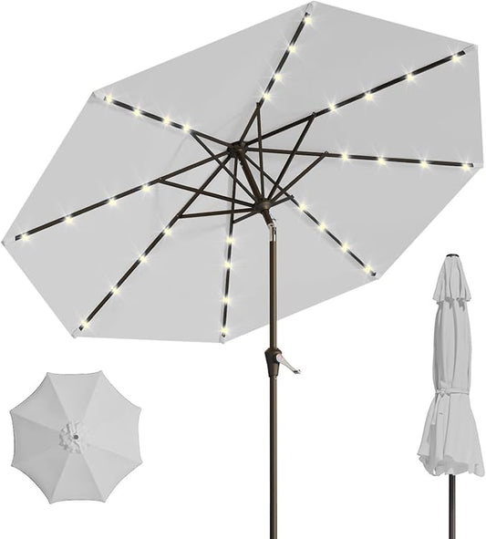 10FT Solar Umbrella 32 LED Lighted Patio Umbrella Table Market Umbrella w/Tilt and Crank, UV-Resistant Outdoor Umbrella for Pool, Garden, Deck, Light Gray