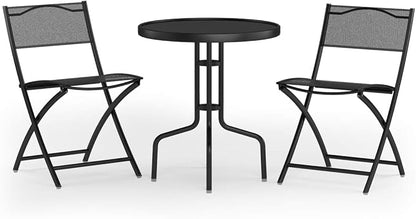 Giantex 3 Pcs Bistro Set Garden Backyard Round Table Folding Chairs, with Rust-Proof Steel Frames & Reinforced Glass Design Outdoor Patio Furniture, Black
