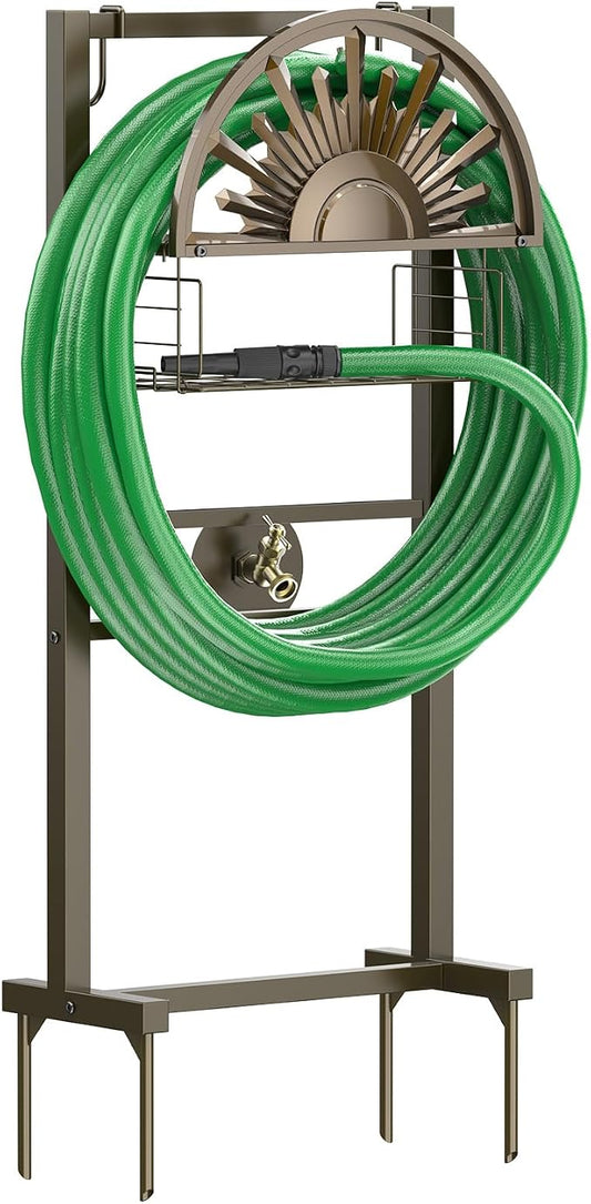 GOFORWILD Garden Hose Holder with Brass Faucet, Freestanding Water Hose Stand with Storage Basket, Detachable Heavy Duty Hose Reel Hanger Holds 150-Feet Hose for Outside Patio Yard Lawn