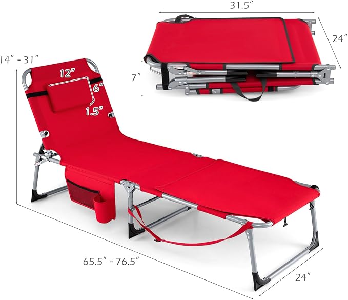 GYMAX Tanning Chair, 330LBS Beach Lounge Chair with Face Arm Hole & Hand Shoulder Strap, Folding Layout Sunbathing Chair, Face Down Outdoor Chaise Lounger for Patio, Poolside, Lawn, Backyard (2, Red)