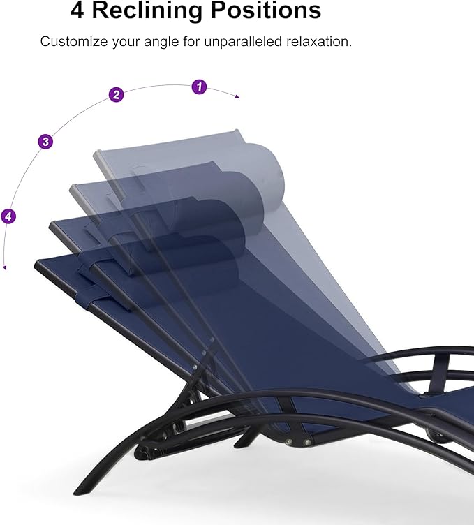 PURPLE LEAF Patio Chaise Lounge Set Outdoor Beach Pool Sunbathing Lawn Lounger Recliner Outside Tanning Chairs with Arm for All Weather Side Table Included Navy Blue