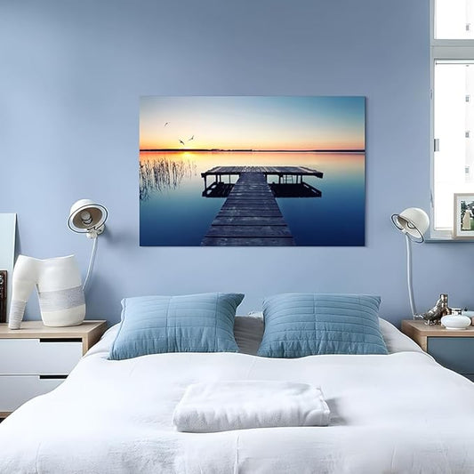 Hardy Gallery lake wall art pier picture: scenic nature canvas wall art lake scene artwork dock scenery wall decor painting - sunset landscape prints for bedroom house 45"x30"