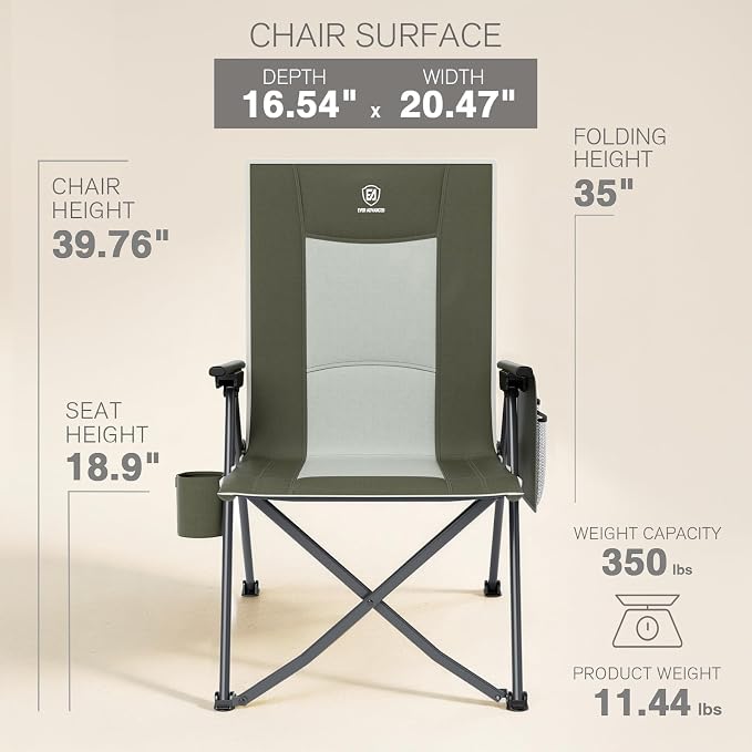 EVER ADVANCED Reclining Camping Chairs for Adult Lightweight, Folding Recliner Chair with Adjustable Back, 4-Level Lounge Chairs, Portable Lawn Chairs for Patio Balcony, Supports 350lbs Green